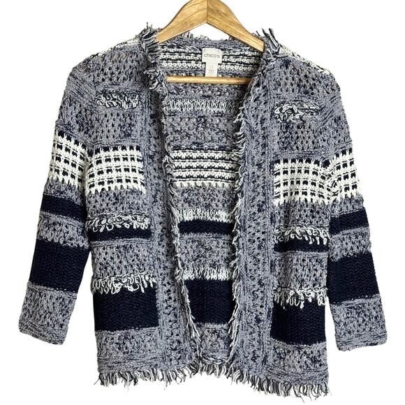 Chicos Open Front Fringe Knit Sweater Cardigan Navy White Size 0/S - Picture 1 of 5